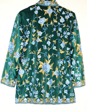 Embroidered Velvet Jacket Green, Blue Green Embroidery #AO-712
