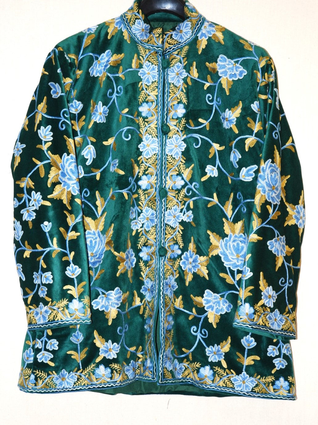 Embroidered Velvet Jacket Green, Blue Green Embroidery #AO-712