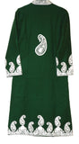 Kashmiri Woolen Coat Long Jacket Green, White Embroidery #AO-173