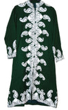 Kashmiri Woolen Coat Long Jacket Green, White Embroidery #AO-173