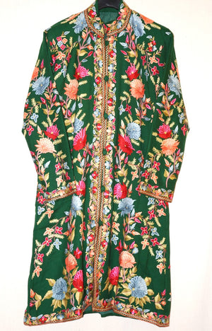 Kashmiri Woolen Coat Long Jacket Green, Multicolor Embroidery #AO-174
