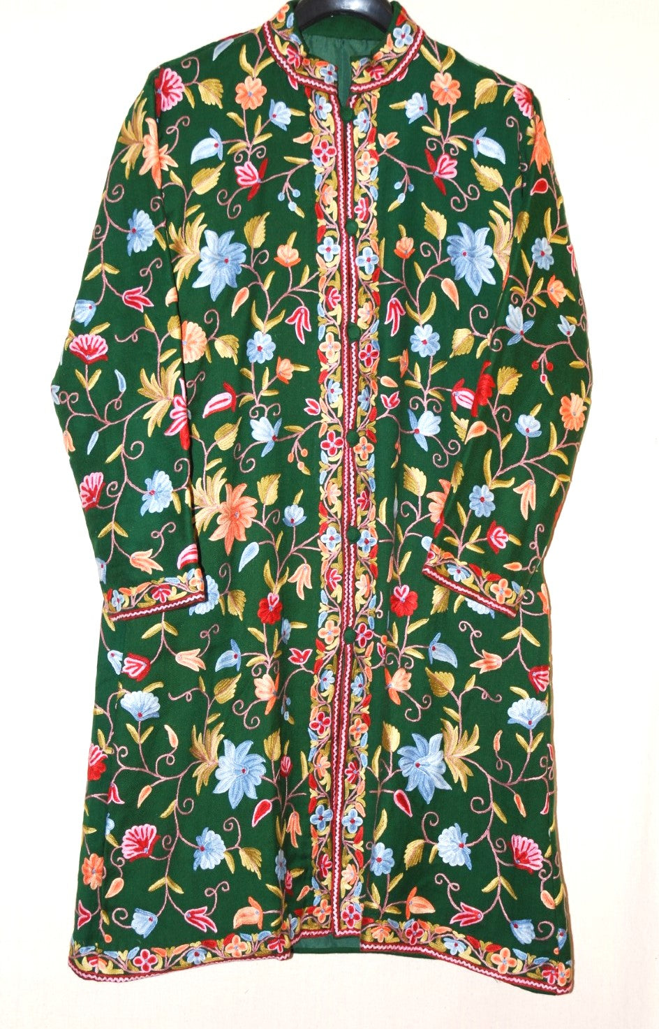 Kashmiri Woolen Coat Long Jacket Green, Multicolor Embroidery #AO-176
