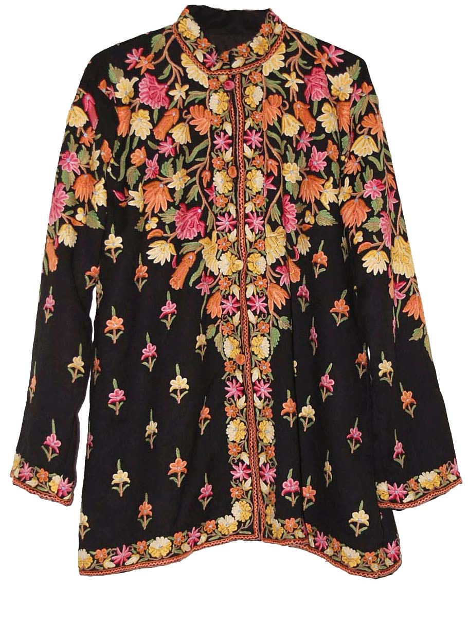 Embroidered Woolen Jacket Black, Multicolor Embroidery #AO-004