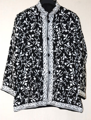Hand Embroidered Woolen Jacket,  White on Black #AO-054