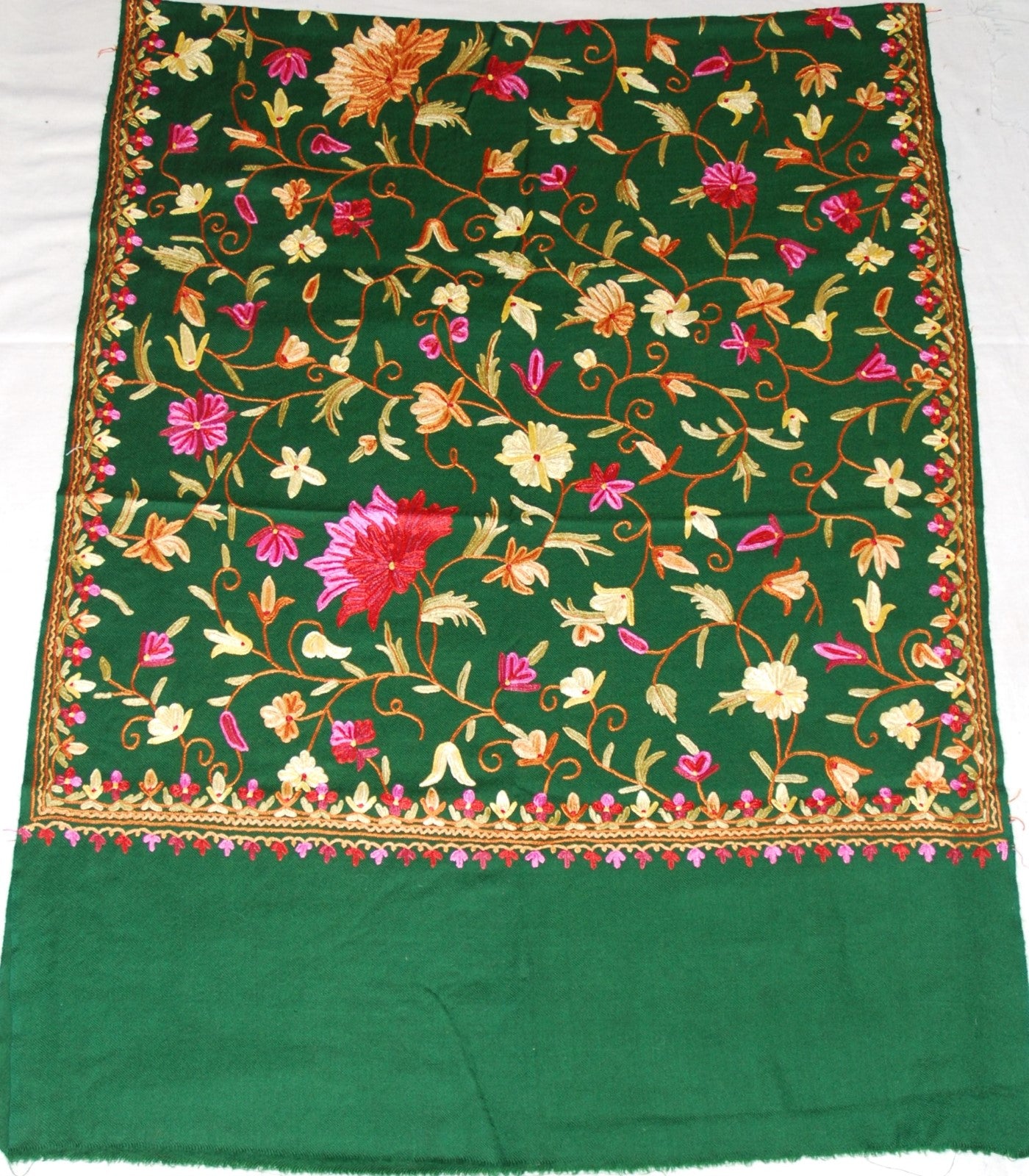 Kashmir Wool Shawl Wrap Throw Green, Multicolor Embroidery #WS-122