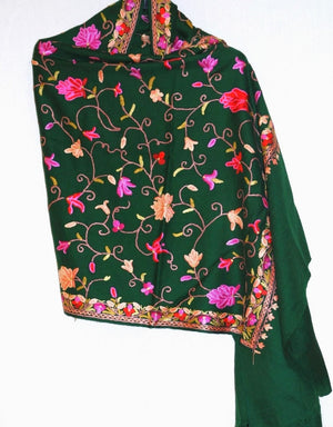 Kashmir Wool Shawl Wrap Throw Green, Multicolor Embroidery #WS-149