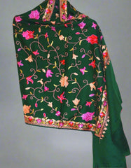 Kashmir Wool Shawl Wrap Throw Green, Multicolor Embroidery #WS-149