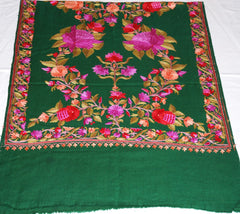 Kashmir Wool Shawl Wrap Throw Green, Multicolor Embroidery #WS-151