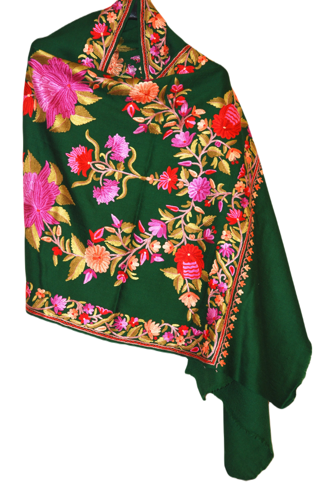 Kashmir Wool Shawl Wrap Throw Green, Multicolor Embroidery #WS-151