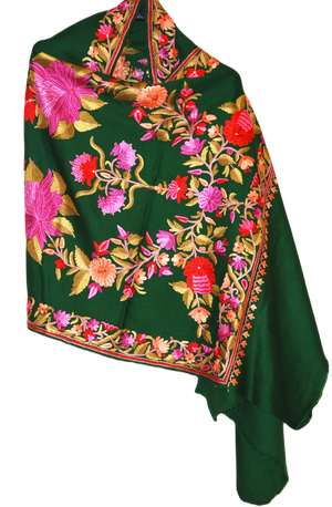 Kashmir Wool Shawl Wrap Throw Green, Multicolor Embroidery #WS-151