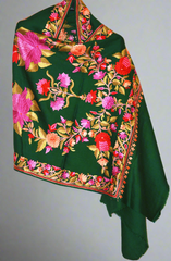 Kashmir Wool Shawl Wrap Throw Green, Multicolor Embroidery #WS-151