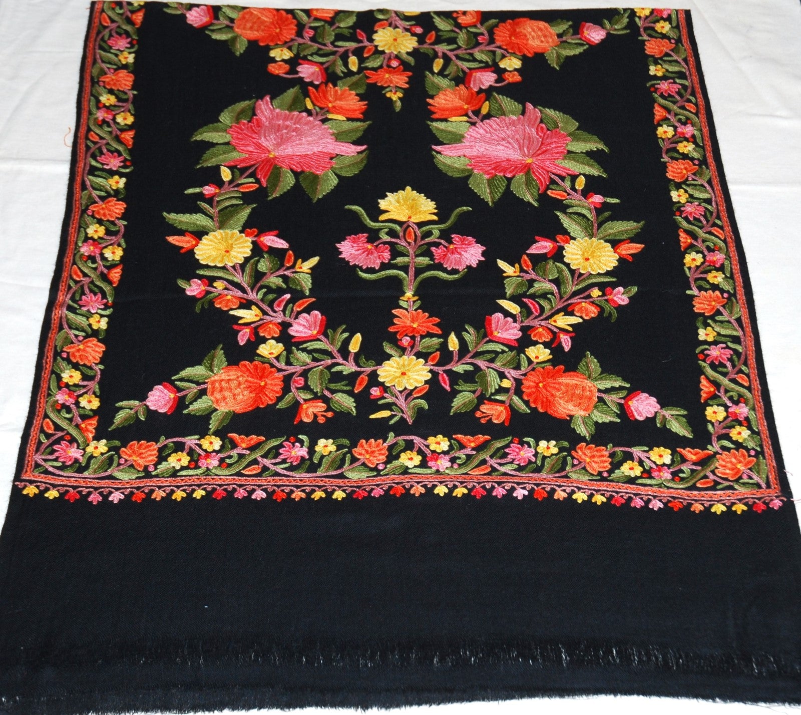 Kashmir Wool Shawl Wrap Throw Black, Multicolor Embroidery #WS-153