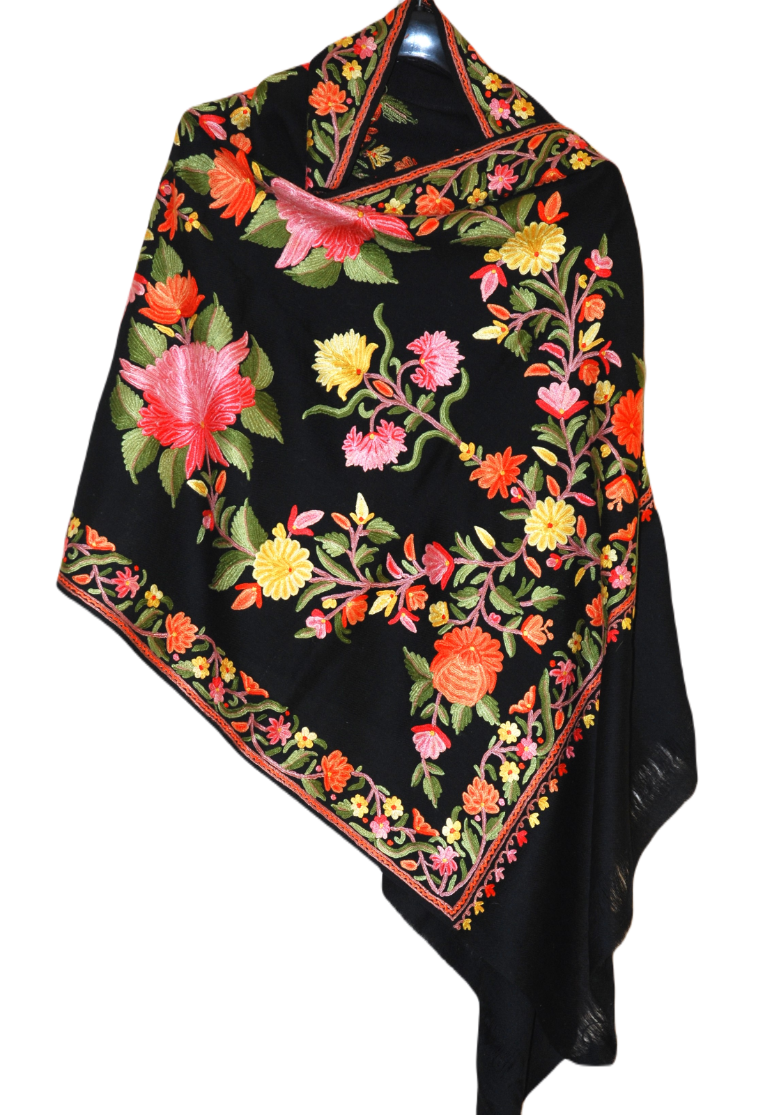 Kashmir Wool Shawl Wrap Throw Black, Multicolor Embroidery #WS-153