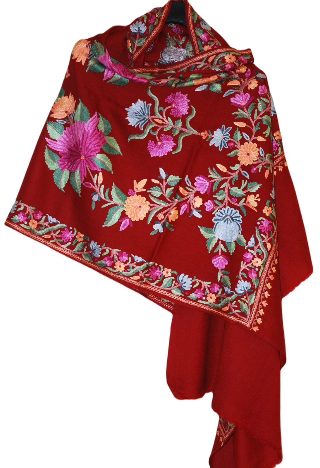 Kashmir Wool Shawl Wrap Throw Maroon, Multicolor Embroidery #WS-154