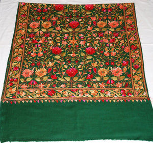 Kashmir Wool Shawl Wrap Throw Green, Multicolor Embroidery #WS-160