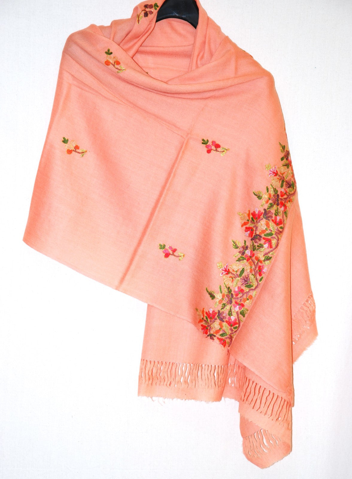 Peach Multicolor Embroidery Woolen Shawl Wrap Throw #WS-106