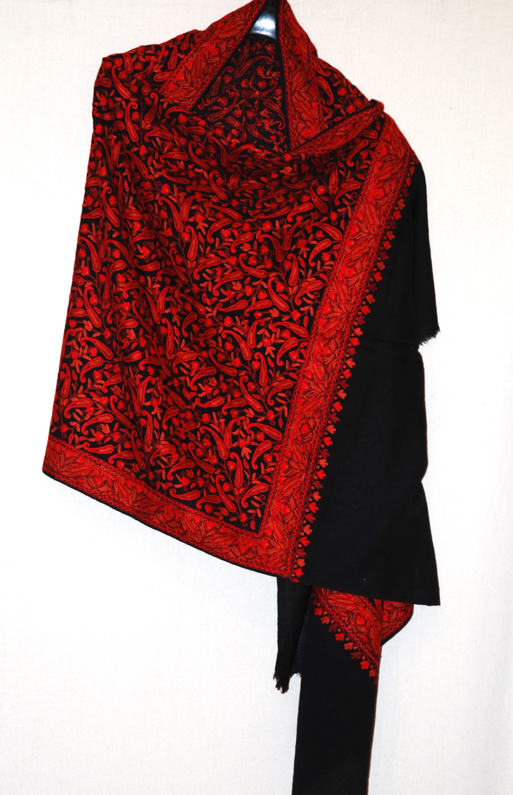 Hand Embroidered Woolen Shawl Wrap Throw Black, Red Embroidery #WS-125