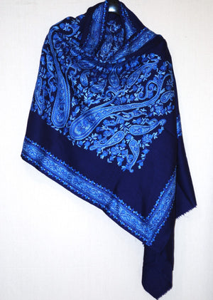 Hand Embroidered Woolen Shawl Wrap Throw Navy, Multicolor Embroidery #WS-143