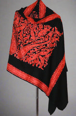 Kashmiri Woolen Shawl Wrap Throw Black, Coral Embroidery #WS-144