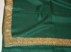 Embroidered Wool Shawl Green, Gold "Tilla" Sozni Embroidery #WS-901