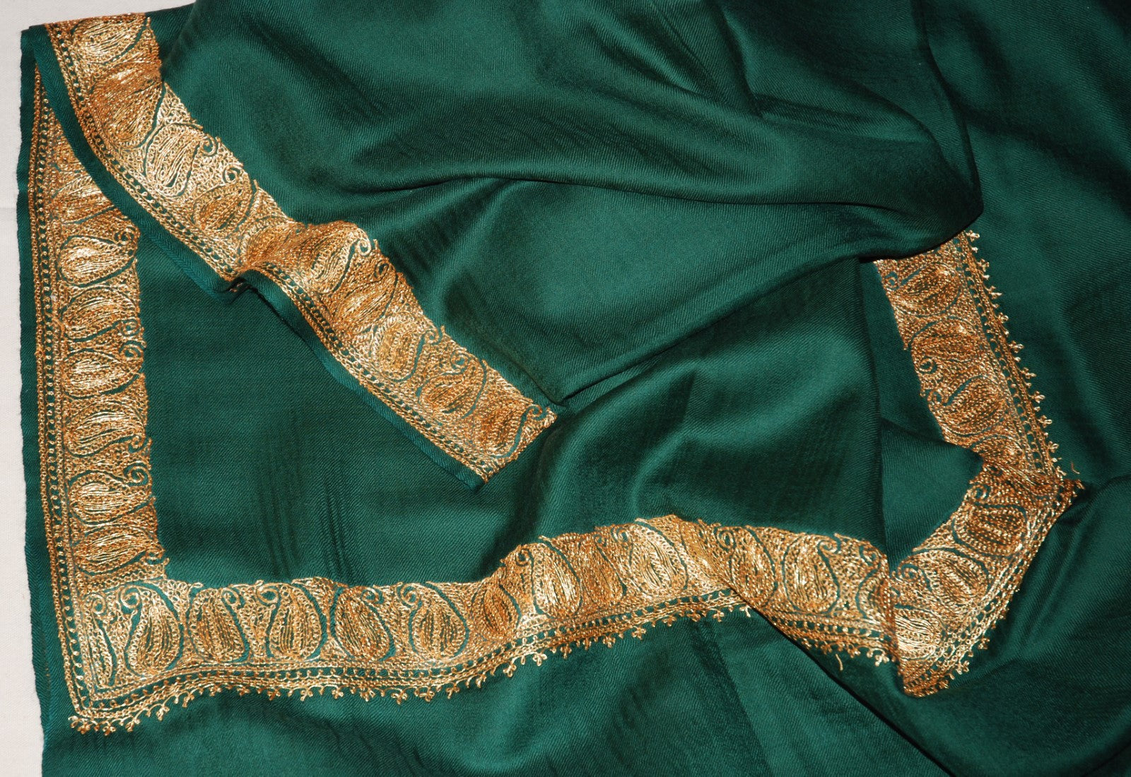 Embroidered Wool Shawl Green, Gold "Tilla" Sozni Embroidery #WS-901