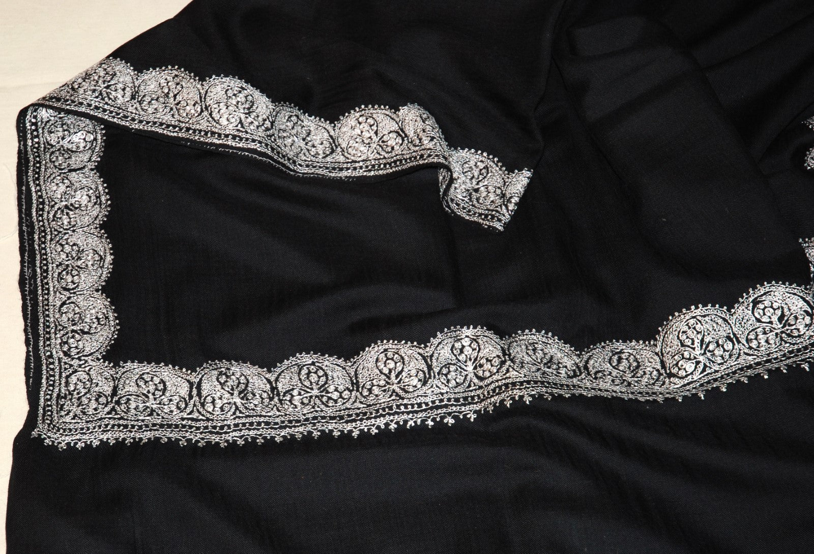Embroidered Wool Shawl Black, Silver "Tilla" Sozni Embroidery #WS-903