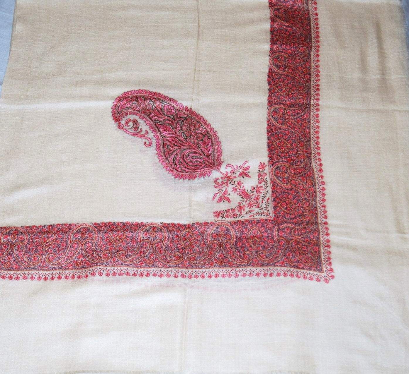 Kashmir Pashmina "Sozni" Needlework Embroidered Arab Scarf Shemagh Shawl White, Multicolor #PRM-102