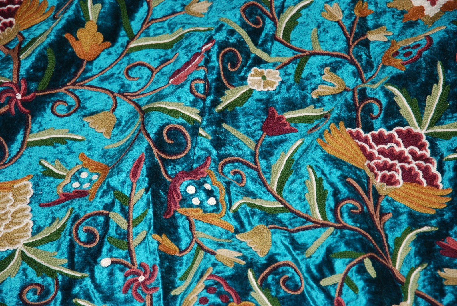 Velvet Crewel Embroidered Bedspread Duvet Set Jacobean Teal, Multicolor #DDR6201