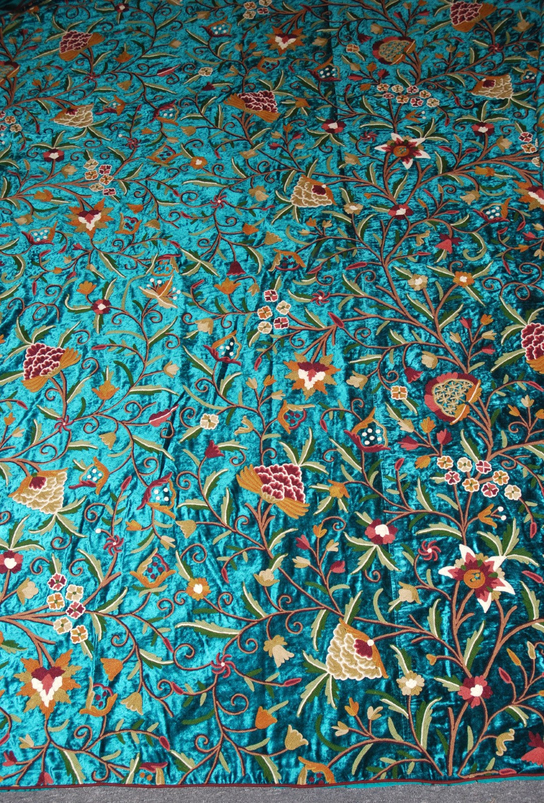 Velvet Crewel Embroidered Bedspread Duvet Set Jacobean Teal, Multicolor #DDR6201