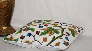 Crewel Chenille Velvet Throw Pillow Cushion Cover "Maple", Multicolor on White #CW502