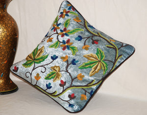 Crewel Chenille Velvet Throw Pillow Cushion Cover "Maple" Teal, Multicolor #CW512