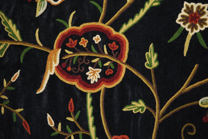 Chenille Velvet Crewel Embroidered Fabric Black, Multicolor #CV303