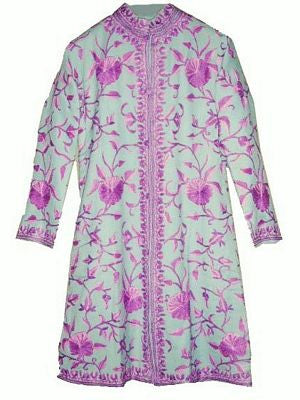 Woolen Coat Long Jacket Turquoise, Purple Embroidery #AO-115
