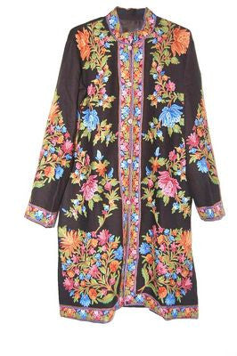 Woolen Coat Long Jacket Black, Multicolor Embroidery #AO-125
