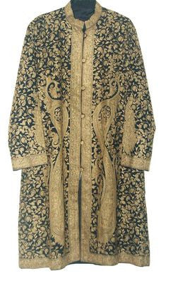 Woolen Coat Long Jacket Black, Olive Embroidery #AO-128