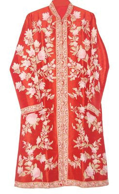 Kashmir Ethnic Silk Coat Long Jacket Orange, Multicolor Embroidery #AO-301