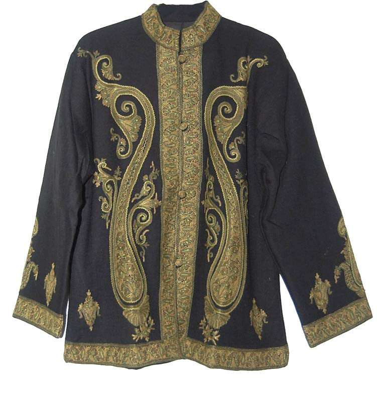 Embroidered Woolen Jacket Black, Green and Olive Embroidery #AO-020