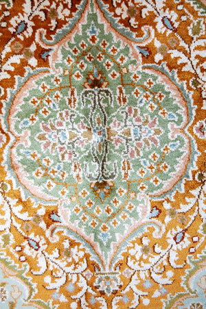 Kashmir Silk Carpet Hand Knotted, Green and Gold 3'x5' #CPS15201