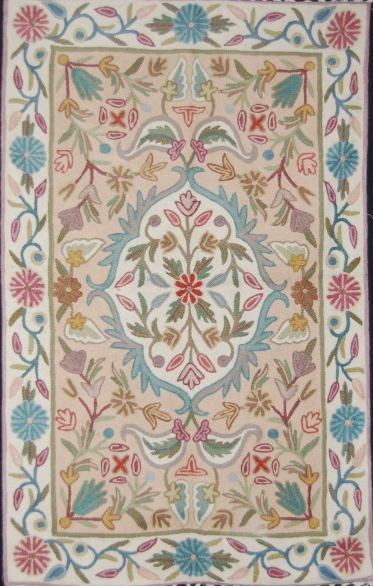 ChainStitch Tapestry Wall Hanging Area Rug, Beige and White Embroidery 2x3 feet #CWR6113