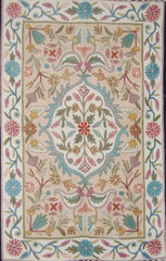 Hand Embroidered Area Rug, Tapestry Wool Rug, Beige and White 2x3 feet #CWR6113