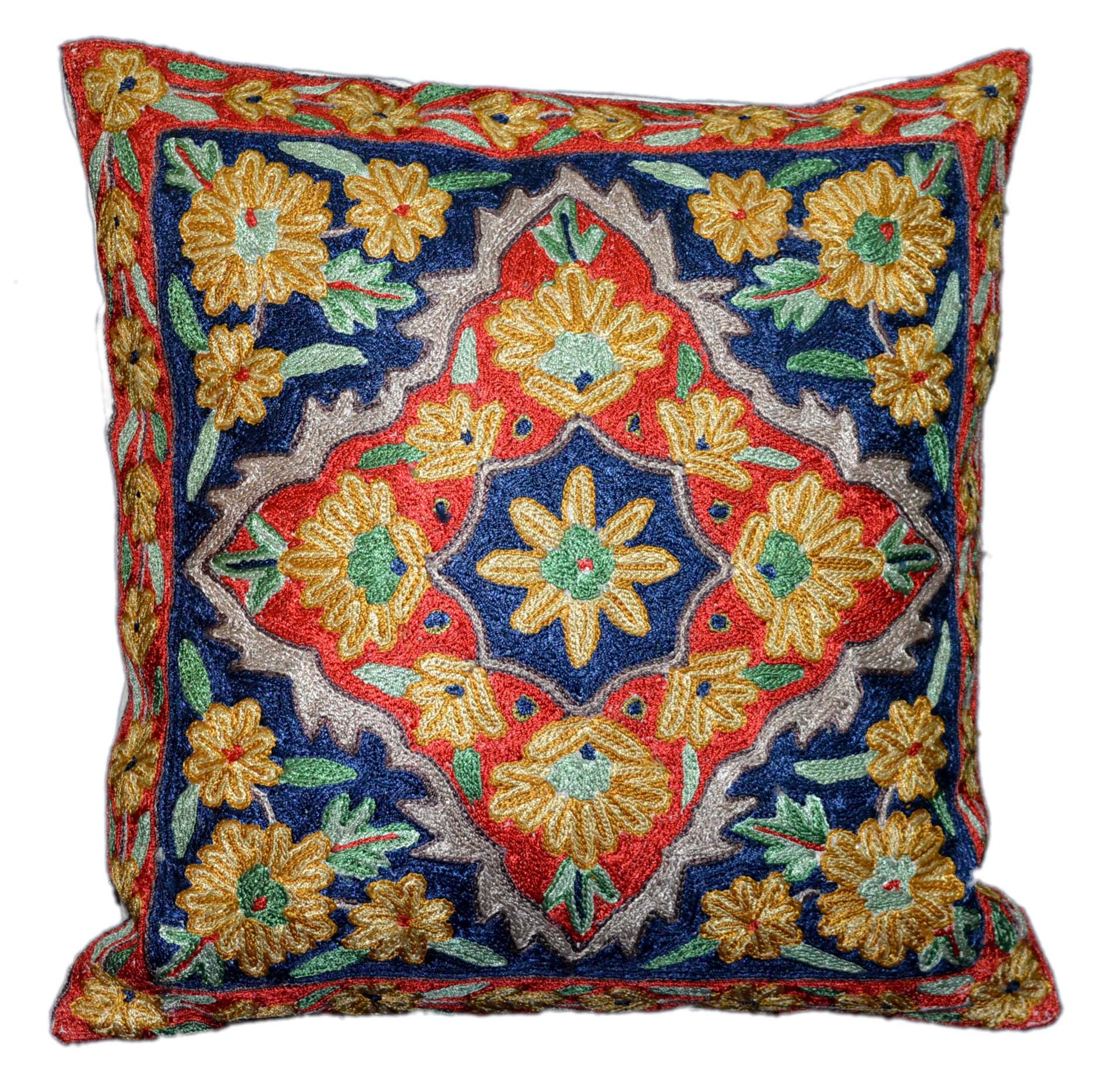 Crewel Silk Embroidered Cushion Throw Pillow Cover, Multicolor #CW2011