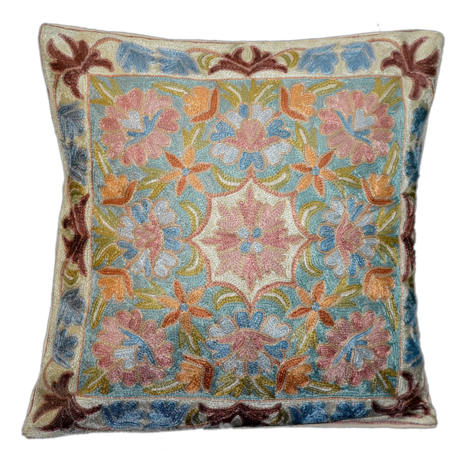 Crewel Silk Embroidered Cushion Throw Pillow Cover, Multicolor #CW2012