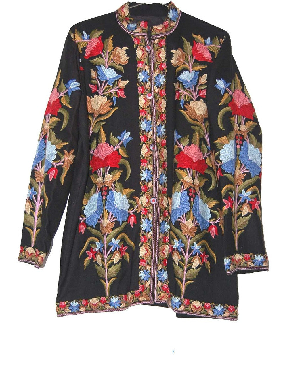 Embroidered Woolen Jacket Black, Multicolor Embroidery #AO-0052