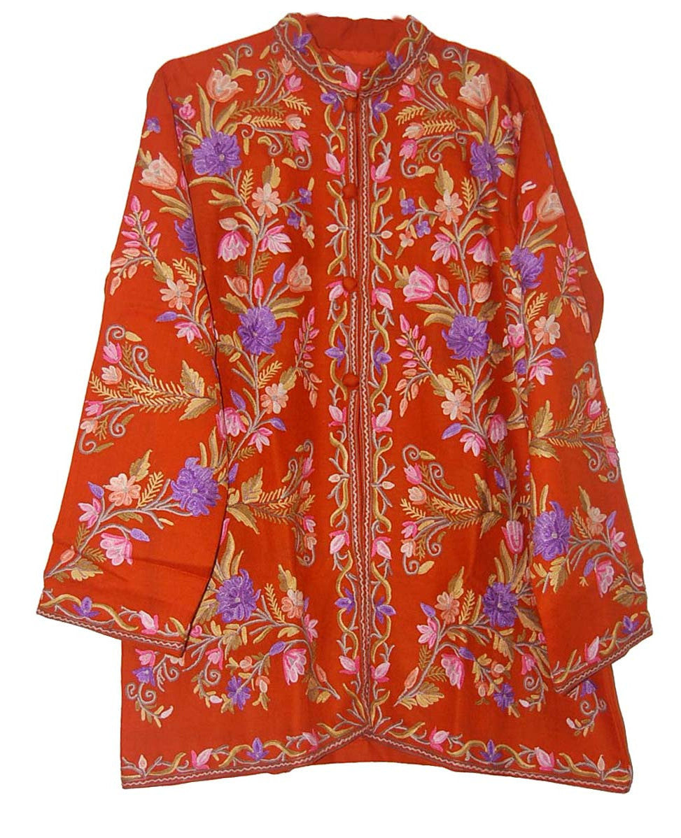 Embroidered Woolen Jacket Orange, Multicolor Embroidery #AO-014