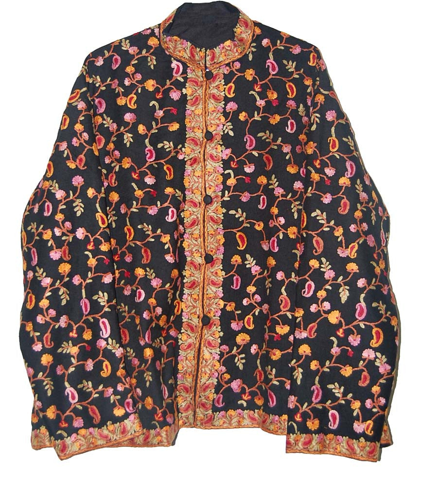 Embroidered Woolen Jacket Black, Multicolor Embroidery #AO-0092