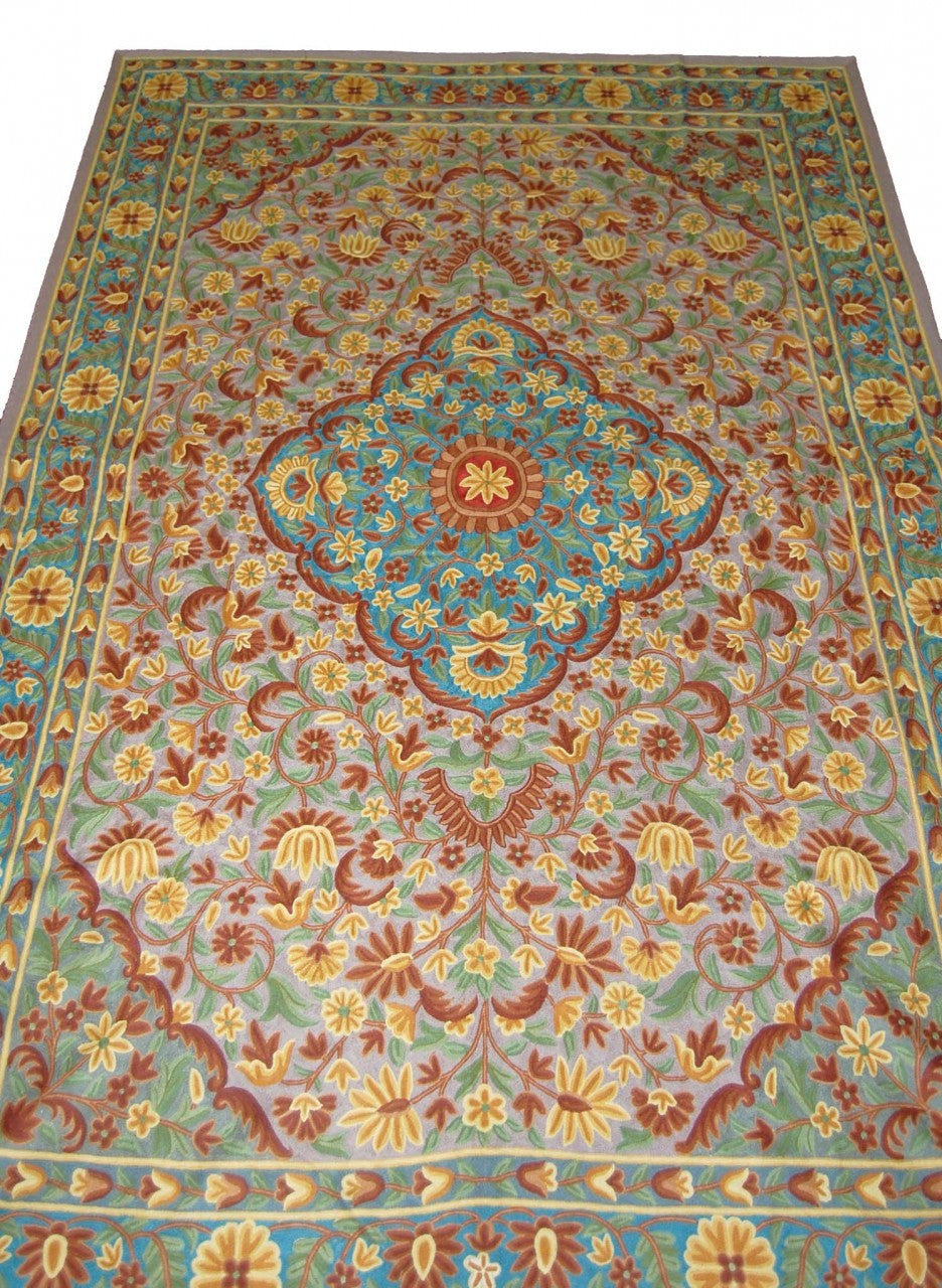 ChainStitch Tapestry Woolen Area Rug, Multicolor Embroidery 6x9 feet #CWR54103