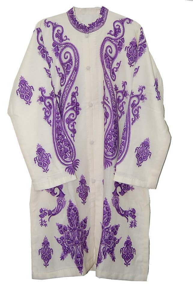 Woolen Coat Long Jacket White, Purple Embroidery #AO-1232