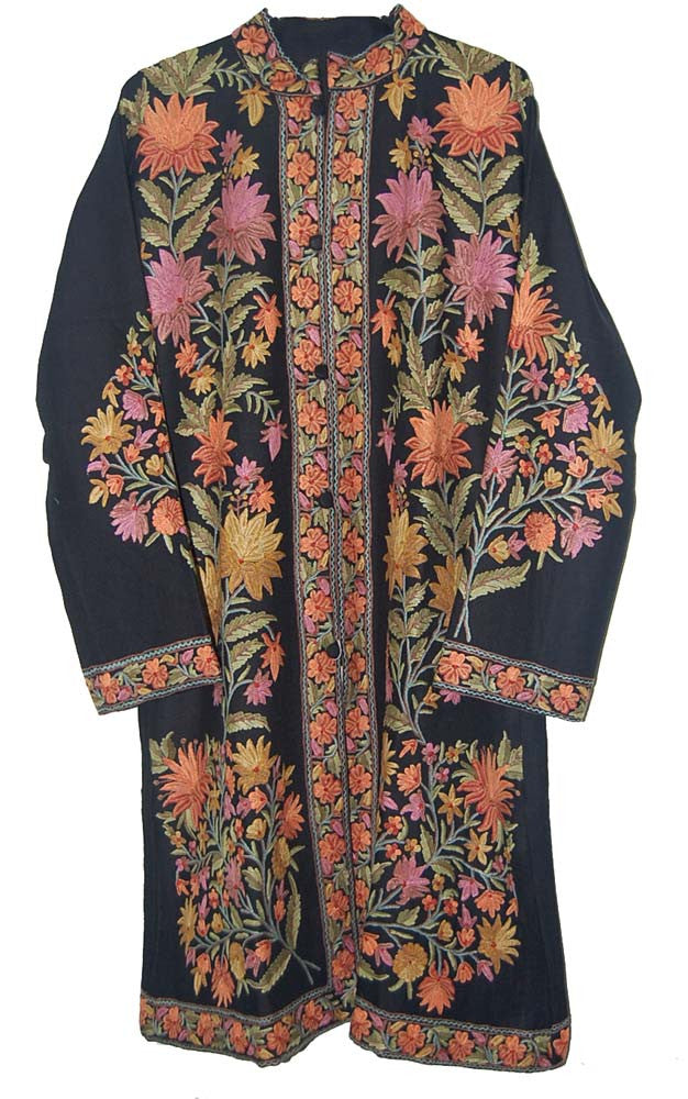 Woolen Coat Long Jacket Black, Multicolor Embroidery #AO-1051