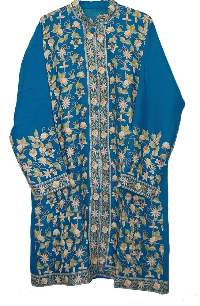 Woolen Coat Long Jacket Turquoise, Multicolor Embroidery #AO-1151