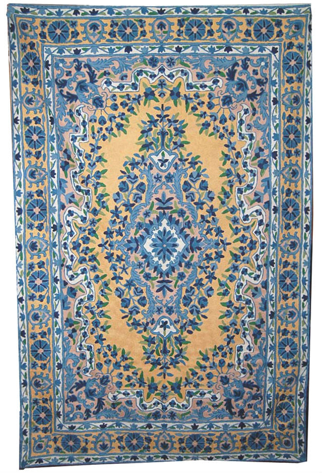 ChainStitch Tapestry Wall Hanging Area Rug, Blue and Cream Embroidery 6x4 feet #CWR24101
